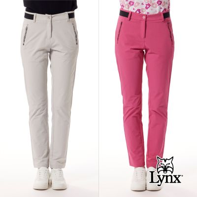 【Lynx Golf】女款抗UV防潑水機能LOGO數位印拉鍊口袋壓紋LOGO織帶剪接窄管九分褲(二色)