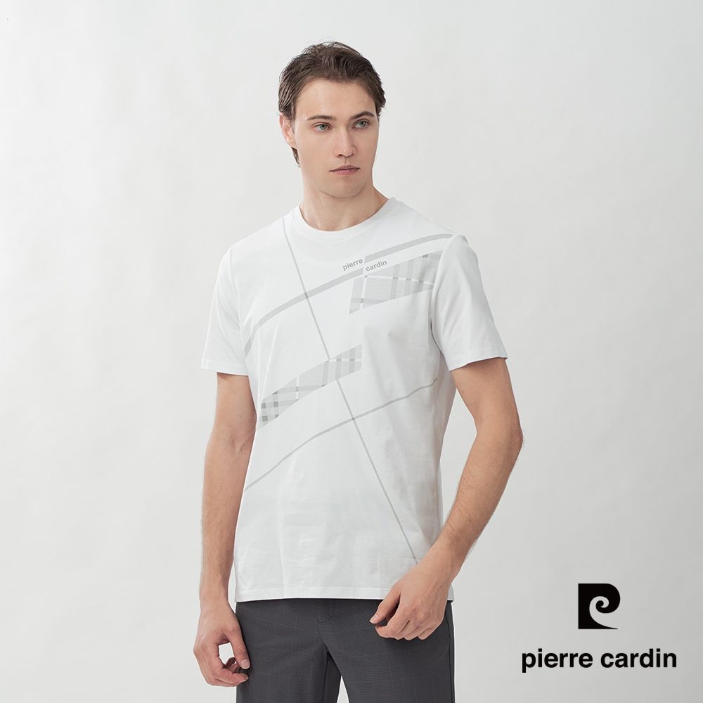 pierre cardin 皮爾卡登 休閒服飾 男款 斜線格紋印花圓領短袖T恤-白色(5267281-90)