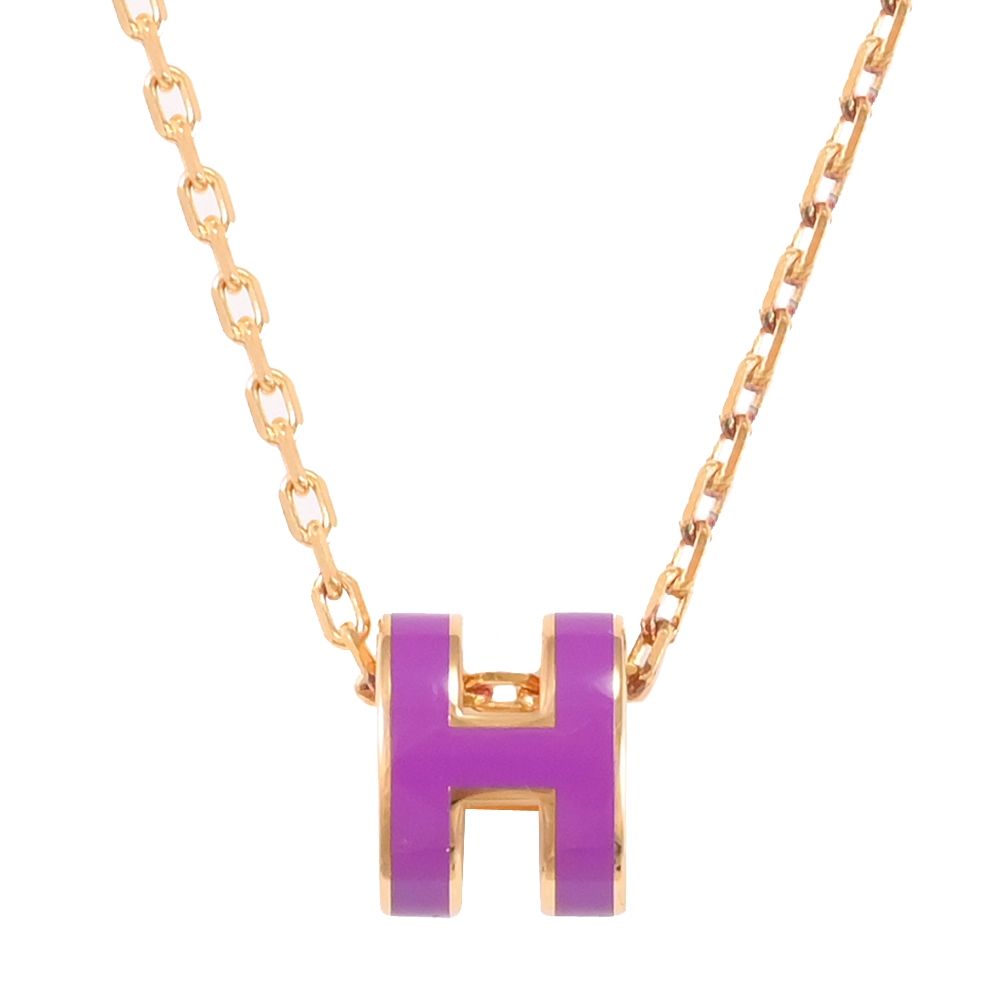 HERMES MINI POPH 經典鏤空橢圓H飾鎖骨項鍊(金/紫)