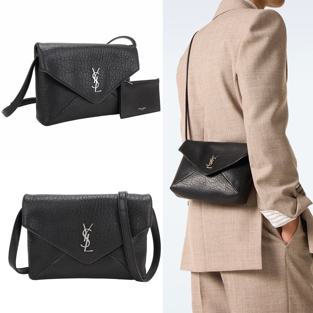 YSL Saint Laurent CASSANDRE 銀字揉製羊皮信封式手拿 斜背包(黑色)
