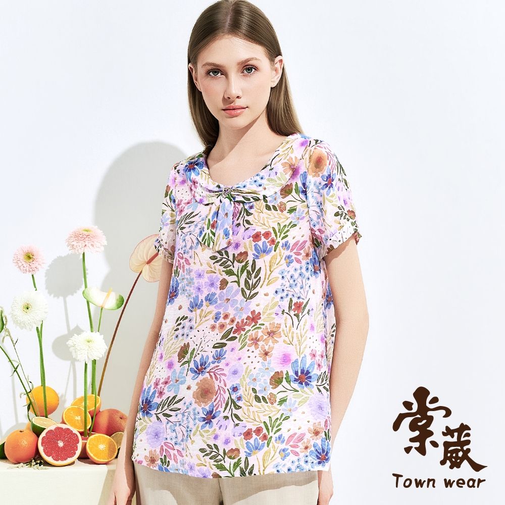 【TOWNWEAR棠葳】靜謐花影結飾翻領上衣(女上衣/印花/輕盈/透氣/翻領/優雅) (紫色系)