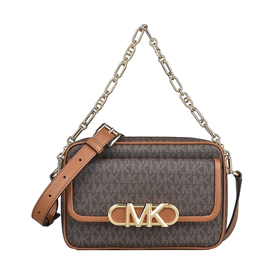 MK MICHAEL KORS PARKER金字字母LOGO印花PVC拉鍊手提斜背兩用包(中/深褐x橡子棕)