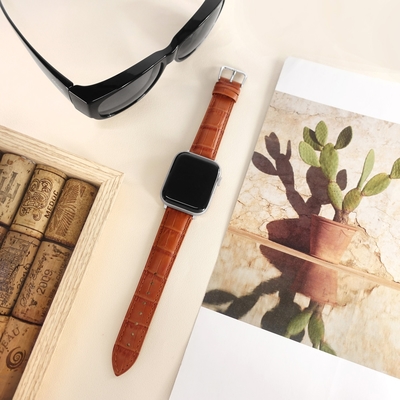 Apple Watch 全系列通用錶帶 蘋果手錶替用錶帶 壓紋牛皮錶帶 淺咖啡色