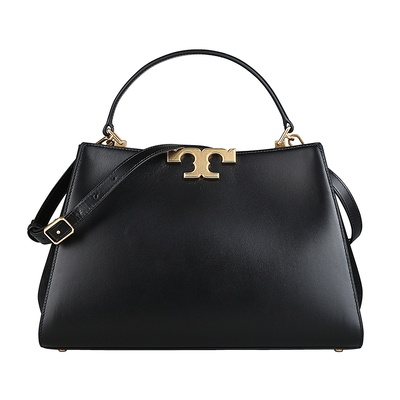 TORY BURCH Eleanor T字金屬釦LOGO設計牛皮拼接麂皮吸釦式手提/兩用包(大/黑)