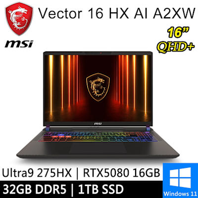 MSI微星 微星 Vector 16 HX AI A2XWIG-014TW-SP3 16吋 灰(Ultra 9 275HX/32G/1TB SSD/RTX5080 16G/W11)特仕版
