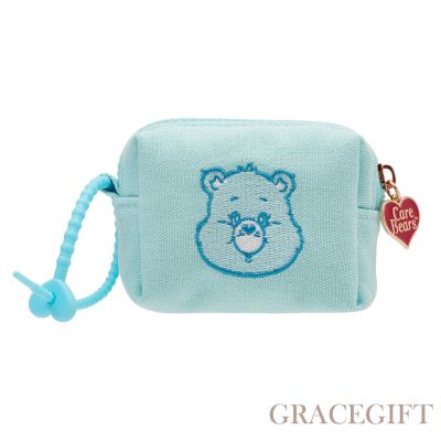 【Grace Gift】Care Bears-晚安小熊電繡格紋吊飾零錢包 淺藍