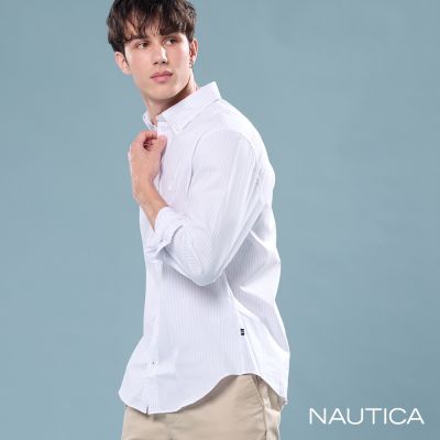 Nautica 男裝 輕盈系條紋休閒長袖襯衫 -白色