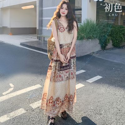 初色 波希米亞風V領無袖流蘇綁繩中長裙連衣裙連身洋裝長裙-花色-50232(M-XL可選)