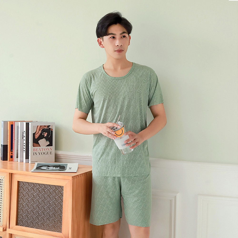 【Kosmiya】1套 夏季圓領情侶短袖睡衣褲/寬鬆睡衣/居家服/涼感睡衣/冰涼睡衣/居家套裝(8色可選/L-3XL) (男-綠色)