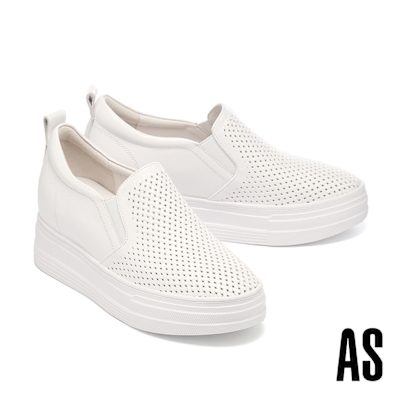 休閒鞋 AS 經典百搭編織感壓紋全真皮厚底休閒鞋-白