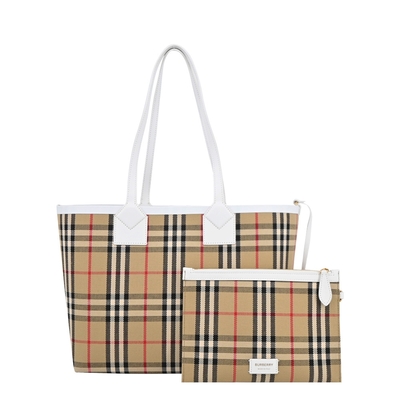 BURBERRY 巴寶莉 London經典格紋小型托特包(卡其白)