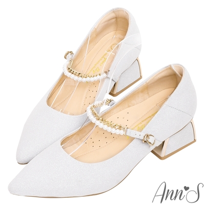 Ann’S溫柔儀式-腳背珍珠金鍊尖頭低跟婚鞋-5cm-銀