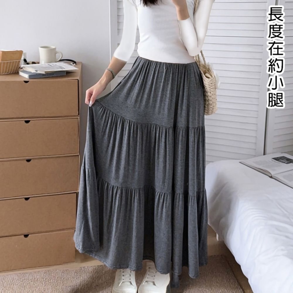 [韓國K.W.]現貨韓國空運法式薄棉新款度假超長裙(小香風/韓國製/大擺裙) (深灰色)
