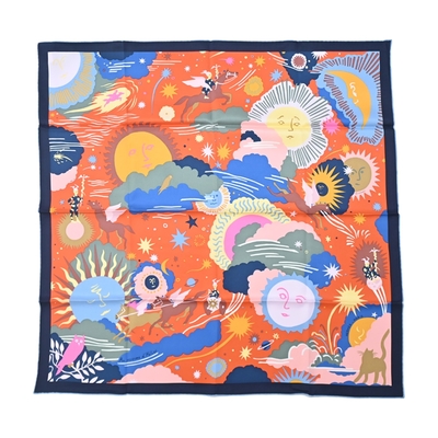 Hermes 愛馬仕 Au Royaume d Helios 70 cm手工捲邊斜紋真絲方巾(深橘/藍/黏土綠)