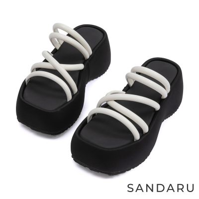 山打努SANDARU-拖鞋 方頭交叉多線條厚底拖鞋-杏