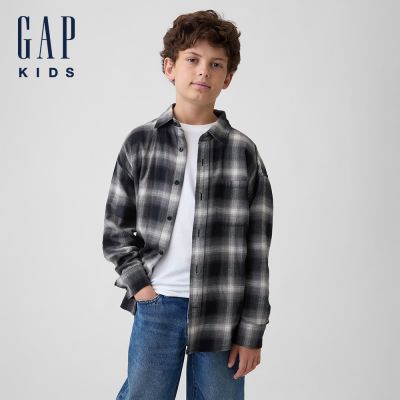 【GAP】兒童超寬鬆法蘭絨襯衫-黑色格紋(910131)