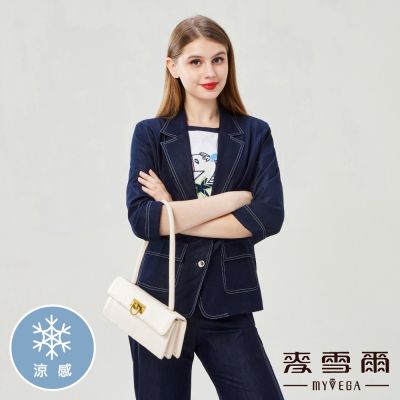MYVEGA麥雪爾 涼感白車線牛仔風彈性西裝套裝外套-藍