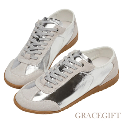 【Grace Gift】質感日常全真皮拼接德訓鞋 銀