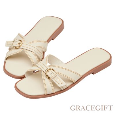 【Grace Gift】峇里風情交叉皮帶扣雲感平底拖鞋 米白