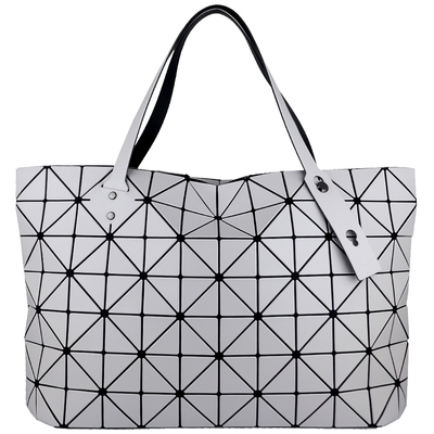 ISSEY MIYAKE 三宅一生 BAOBAO 白灰色皮質三角格7x12大型拉鍊托特包