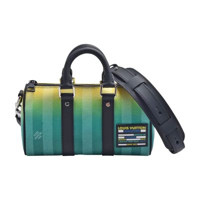 LOUIS VUITTON路易威登 LV M59949 經典Damier Stripes系列漸層帆布牛皮提把手拿/斜背包(黃綠色)