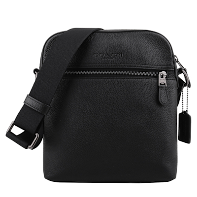 COACH  烙LOGO荔枝紋皮革單肩拉鍊直式斜背包(黑)