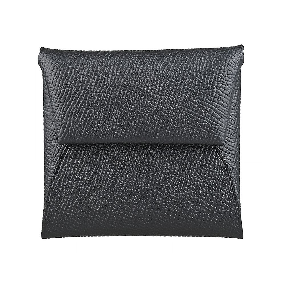 HERMES Bastia 內燙銀LOGO細膩小牛皮翻蓋按釦式零錢包(黑)