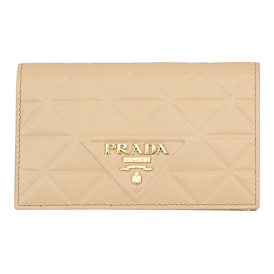 PRADA 經典浮雕LOGO三角壓紋牛皮對開中夾(沙色)