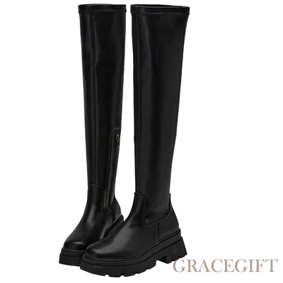 【Grace Gift】女團著用方頭鬆糕厚底瘦瘦膝上靴 黑