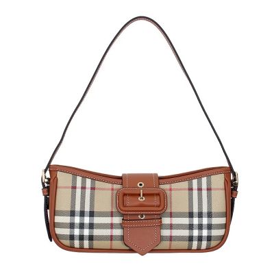 BURBERRY 皮質扣環格紋帆布肩背包(棕色)