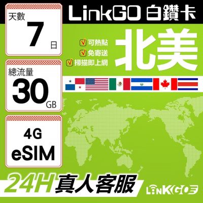 LinkGO白鑽卡 北美 eSIM卡 AT&T/Verizon 7天總流量30GB(北美網絡卡 美國 加拿大 墨西哥)