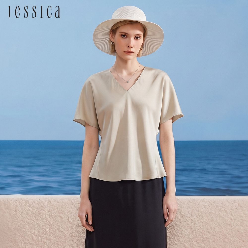 JESSICA - 百搭簡約V領素色蠶絲短袖上衣（黃）J63304
