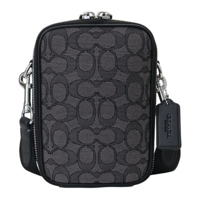 COACH 滿版緹花LOGO織布直式斜背包(黑灰)小款