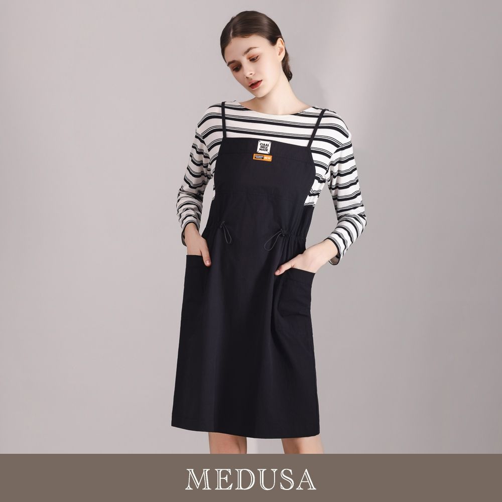 現貨【MEDUSA 曼度莎】休閒日系條紋吊帶抽繩洋裝（M-XL）｜休閒洋裝 日系穿搭 修飾版型 休閒風