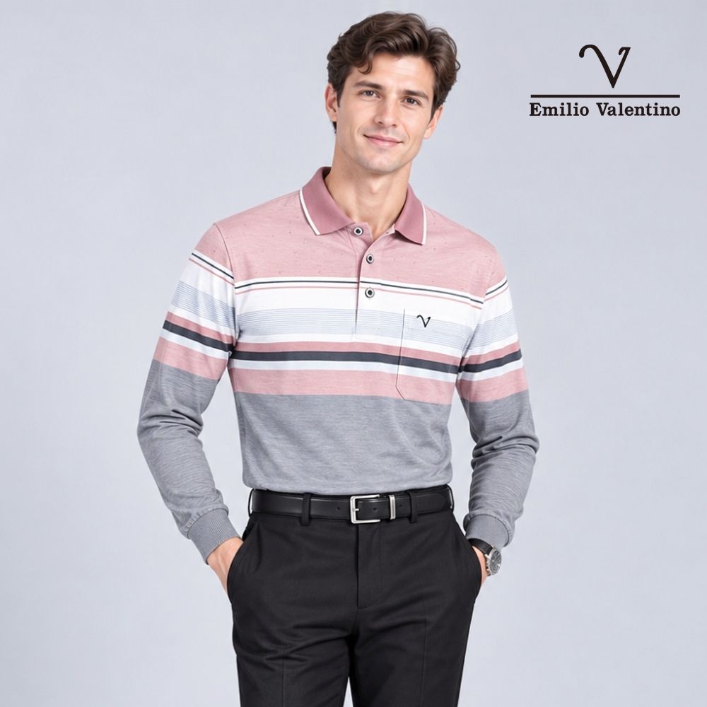 Emilio Valentino 范倫鐵諾 男 長袖POLO衫 棉質舒適透氣 口袋 上衣 薄長袖_磚紅/灰/白(15-6V0956)