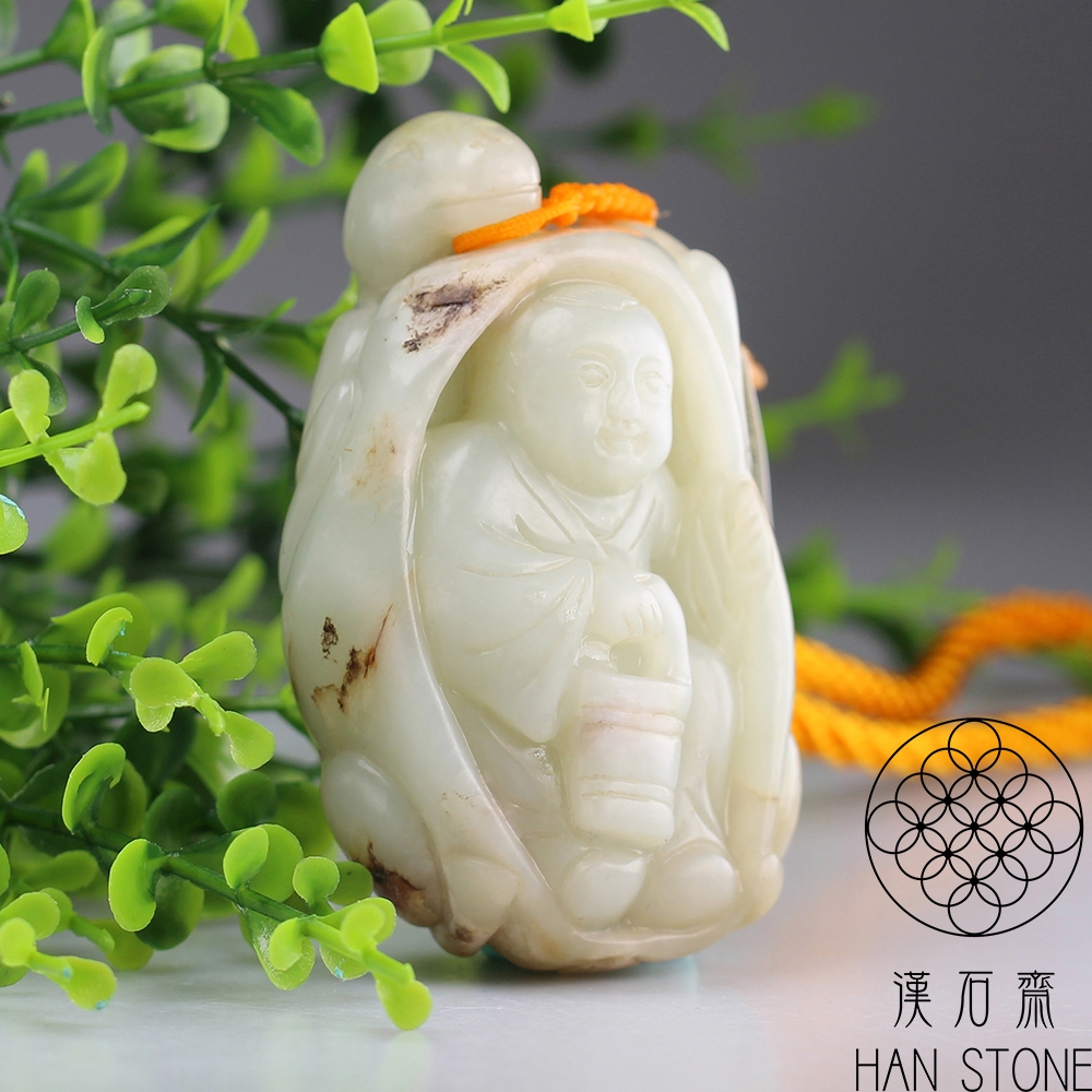 漢石齋】天然A貨和田白玉帶皮鹿乳奉親玉佩手把件(47*81*34mm) | 漢石齋