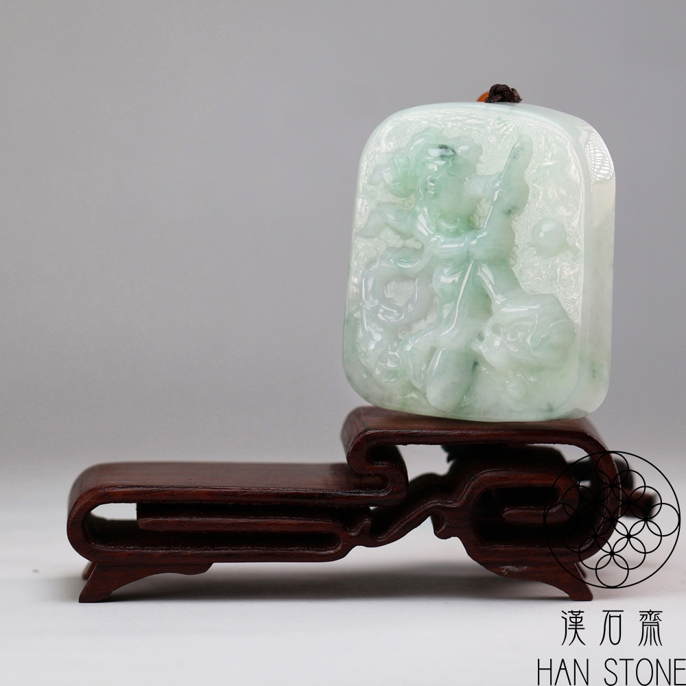 漢石齋】天然翡翠A貨三太子哪吒玉佩吊墜冰糯種飄花(43*47*14mm) | 漢石
