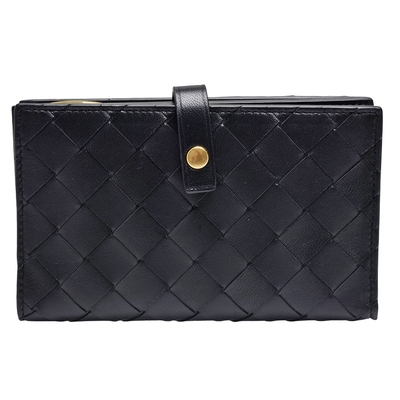 BOTTEGA VENETA 寶緹嘉 經典編織小牛皮暗釦中夾(黑)