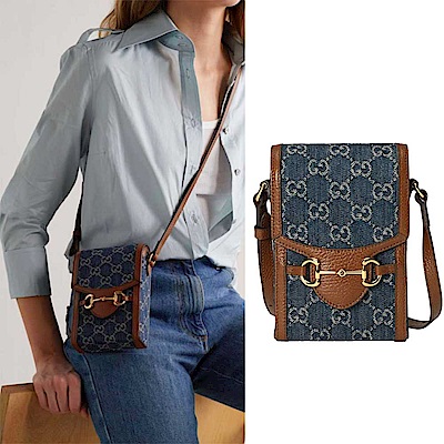 【GUCCI 古馳】625615 經典1955 Horsebit mini 迷你馬銜扣肩背斜背手機包(丹寧色)