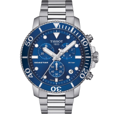 Tissot 天梭Seastar系列 海星300三眼計時潛水腕錶-45mm/藍