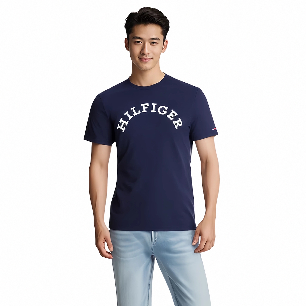 TOMMY 熱銷刺繡文字Logo圖案短袖T恤-麻花深藍色