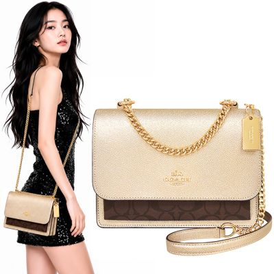 COACH 金色撞色拼接防刮皮革鍊帶斜背包
