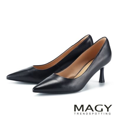 MAGY 真皮俐落線條尖頭高跟鞋 霧黑