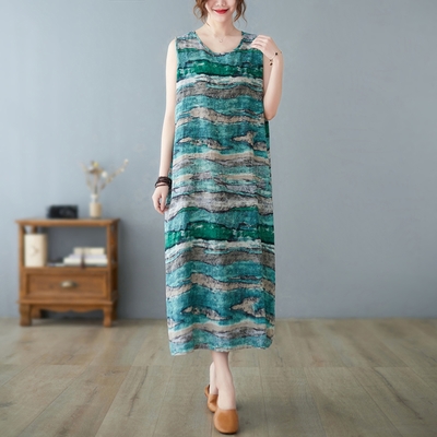 AKARA 涼感 棉麻 大碼 清質感棉麻水波紋無袖背心洋裝 3XL可(涼感 棉麻 中大尺碼 無袖)