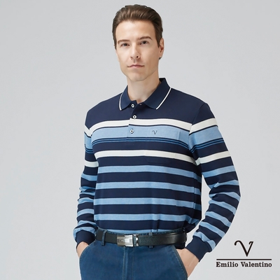 Emilio Valentino範倫鐵諾 保暖棉質磨毛定位長袖POLO衫 藍/白(15-3V7962)