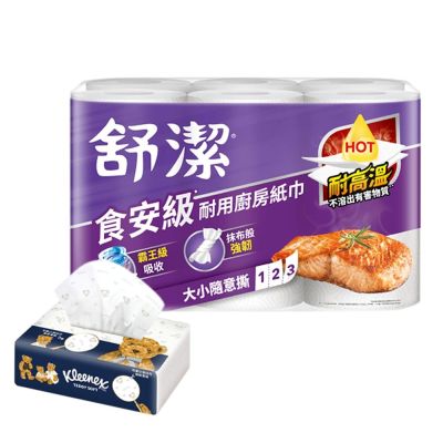 【Kleenex 舒潔】食安級耐用廚房紙巾大小隨意撕108張x6捲x2串+Teddy Soft小熊印花抽取面紙100抽x1包
