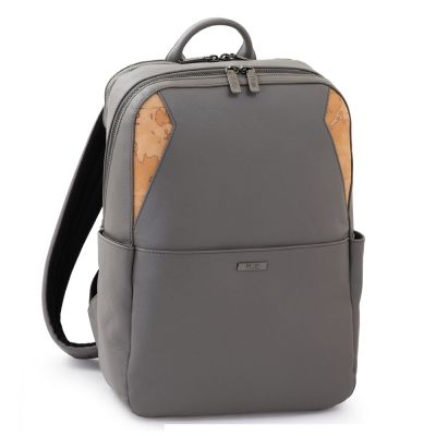 Alviero Martini 義大利地圖包 小牛皮14吋筆電拉鍊後背包37cm-大象灰