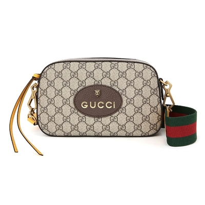 【GUCCI 古馳】476466 經典GG Supreme帆布印花虎頭造型雙色織帶相機包斜背包(棕色)