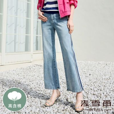 MYVEGA麥雪爾 高含棉兩側水鑽復古水洗九分牛仔褲-藍