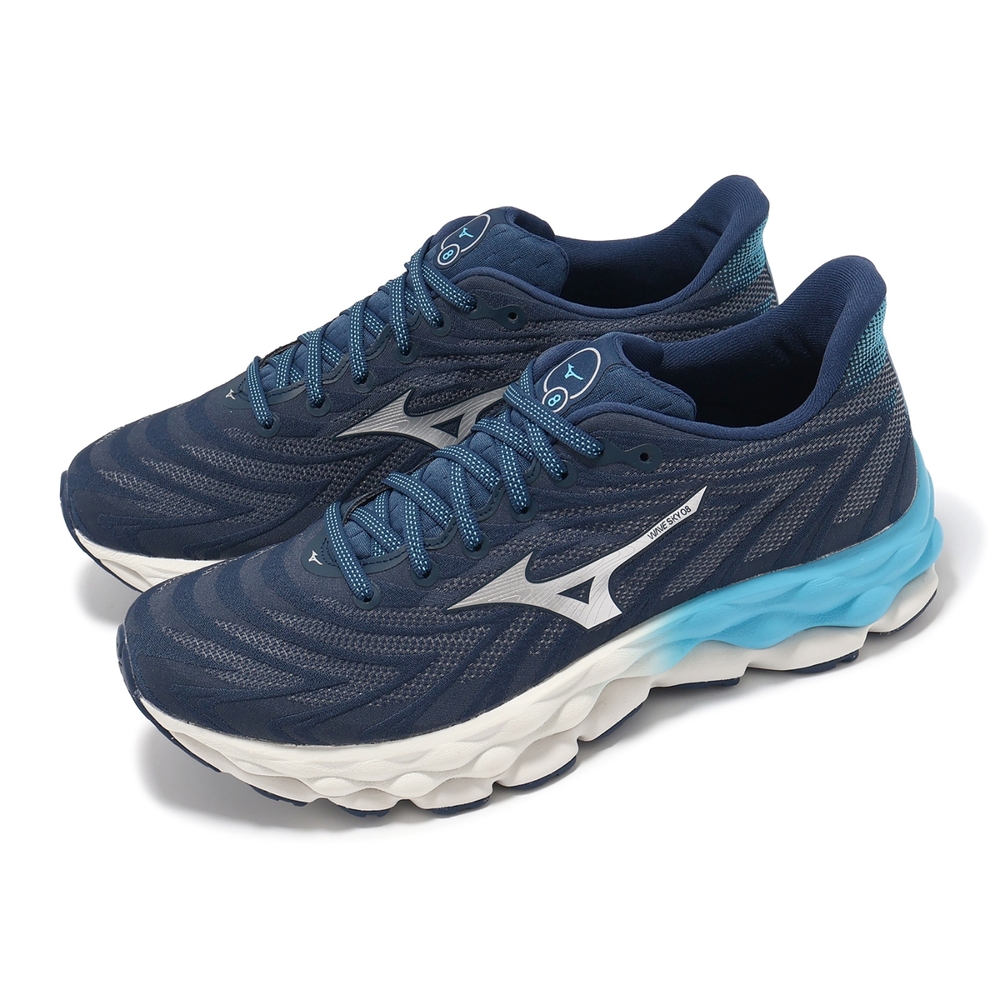 Mizuno 慢跑鞋Wave Sky 8 男鞋藍白緩衝回彈運動鞋美津濃J1GC2402-05